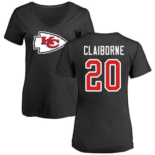 Women Football Kansas City Chiefs #20 Claiborne Morris Black Name and Number Logo Slim Fit T-Shirt->nfl t-shirts->Sports Accessory
